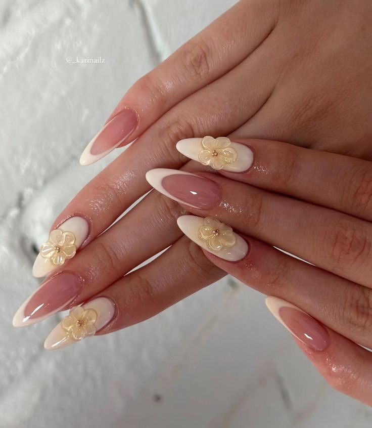 Pastel Yellow Nails With 3D Flowers