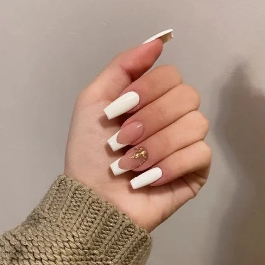 Glossy White Nails With Golden Rhinestones