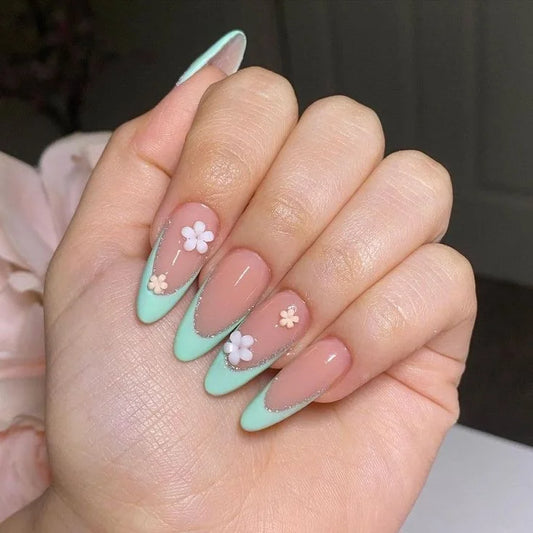 GlitterXPastel Green French With 3D Flowers